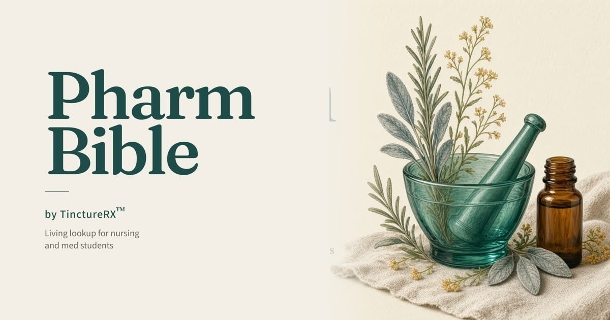 PharmBible™ by TinctureRX™. Stacked lockup beside a teal glass mortar, pestle, herbs, and amber bottle.